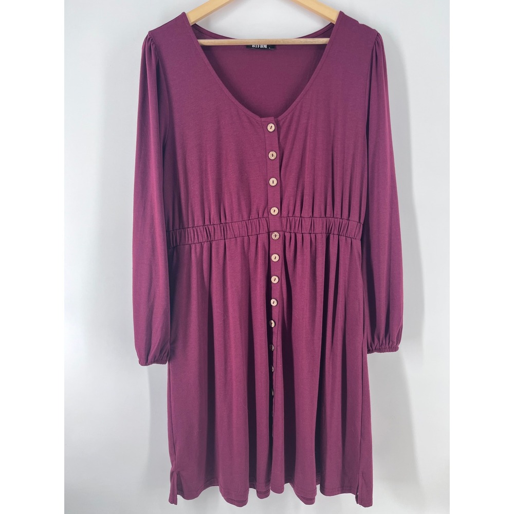 Womens Burgundy Long Sleeve Button Down Elastic Waist Mini Dress L Romantic Chic